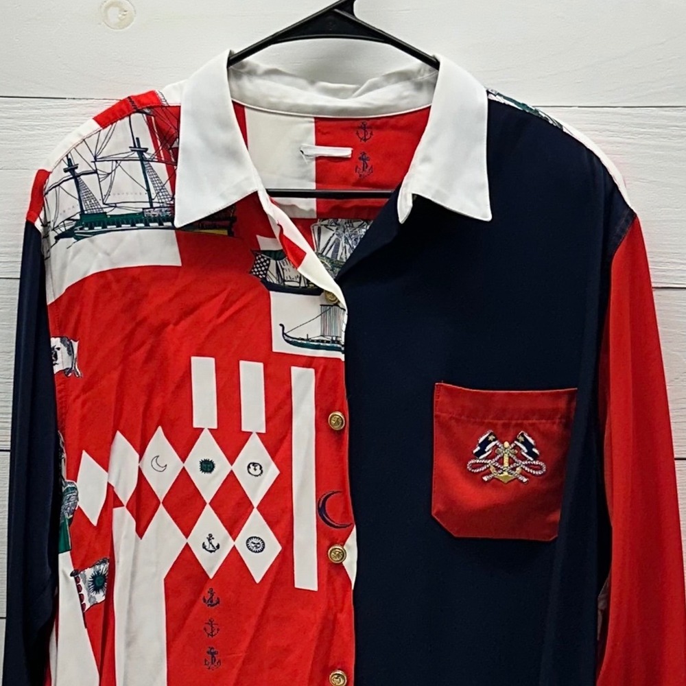 Vintage Albert & Pearl Nautical Ship Print Button Up Shirt Gold Button‎ No Tag
